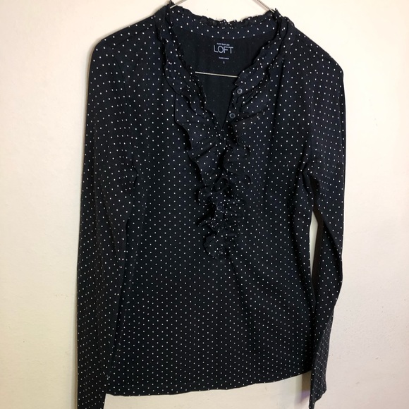 LOFT Tops - Ann Taylor LOFT Polkadot Dusty Black Ruffled Blouse